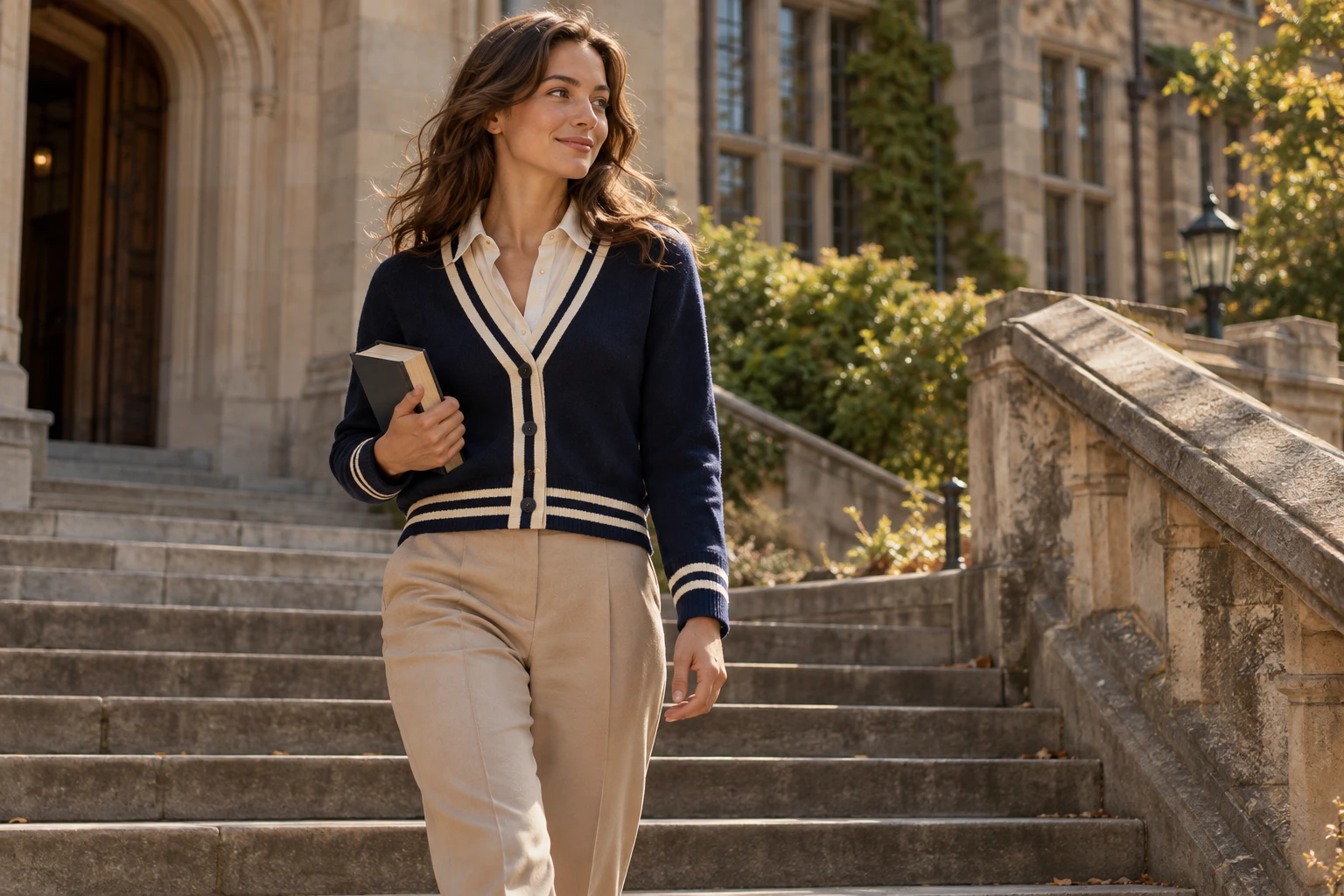 Navy and cream cardigan styled on sandstone college steps